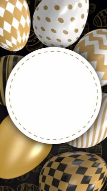 Geometrik desenli altın Paskalya yumurtaları. Metin için yuvarlak beyaz etiket çerçevesi. Canlandırılmış döngülü arkaplan. Paskalya 'da Hıristiyan dini bayramı. Dikey video.