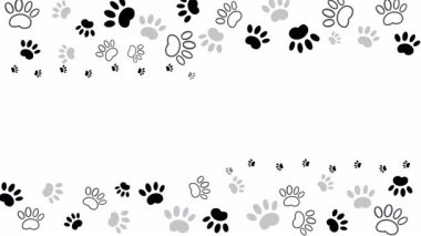 Metin ve resimler için boş alanı olan dikdörtgen evcil hayvan pençesi baskı çerçevesi. Köpek ya da kedi pençesi izlerinin siyah silueti. Döngü canlandırması.