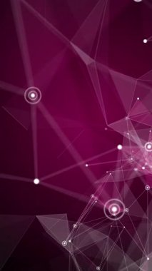 Geometrik mor çokgen arka plan molekülü ve iletişim. Noktalarla birleştirilmiş çizgiler. Minimalizm geçmişi. Soyut animasyon döngüsü. Dikey video.