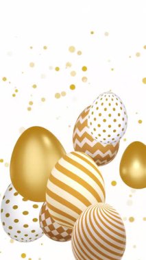 Beyaz arka planda desenleri olan hareketli Paskalya yumurtaları. Altın süs ve parçacıklar. Metin için boş alanı olan döngülü video. Dikey video.