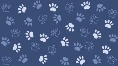 Ayak izleri olan desen, evcil hayvan mağazası siteleri için soyut mavi arkaplan. Döngülü tek renkli hayvan animasyonu.