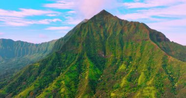 Hawaii adası Oahu 'nun merkezindeki bir dağ sırasının yamaçlarındaki yeşil ormanların hava manzarası mavi gökyüzüne karşı..