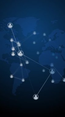 Dünya haritasının bulanık arkaplanındaki satırlarla küresel ağa bağlı internet kullanıcılarının simgeleri. Koyu mavi döngülü animasyon. Sosyal ağ bağlantıları. Dikey video.