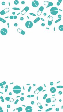 Elle çizilmiş tıbbi ve eczane çerçevesi, karikatür tıp haplarıyla. Beyaz arka plan. Döngü animasyonu. Uzayı kopyala Çizim stili karalama. Dikey video.