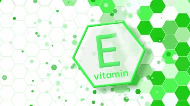Yeşil altıgenli animasyon çerçevesi ve beyaz zemin üzerinde 3D E vitamini simgesi ve metin için boş alan. Döngülü hareket grafikleri.