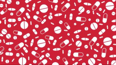 Kırmızı arka planda çeşitli tıbbi hap ikonlarının animasyon setleri. Düz semboller çizilmiş. Döngülü hareket grafikleri.
