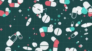 Yeşil arka planda kırmızı, yeşil ve beyaz renkli düz ikonlar çiziliyor. Tıbbi döngü canlandırması.