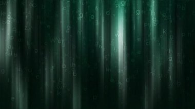 İngiliz alfabesinin harfleri yeşil perde arkaplanında yükselir. Uçan parçacıklarla döngü halinde soyut animasyon.