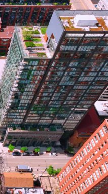 Çatı manzarası, çok katlı binalar ve arabalı cadde. Chicago şehir merkezinin hava görüntüsü. Dikey video.