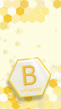 Altıgen şeklinde B vitamini ve turuncu arka plan. Tıbbi bilimsel kavramlar. Döngülü animasyon. Uzayı kopyala Altıgen çerçeve. Dikey video.