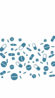 Gerçekçi tıbbi mavi hap ve beyaz arka planda kapsüller. Sağlık hizmeti döngüsü animasyon çerçevesi. Uzayı kopyala Dikey video.