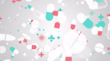 Farklı renklerde hapların canlandırılmış uçan ikonlarıyla tıbbi gri arka plan. Döngülü hareket grafikleri.