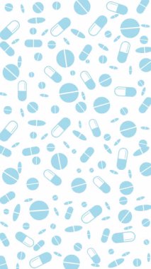 Medikal döngü animasyonu. Mavi haplar ve kapsüllerden yapılmış beyaz arka plan. Dikey video.