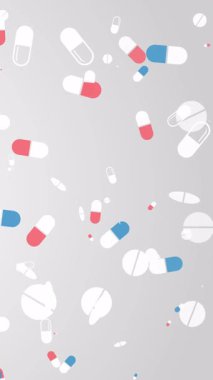 Soldan sağa uçmak gri arka planda tablet ve hapların basit düz simgelerini çizmek. Eczane için ilmikli tıbbi animasyon. Dikey video.