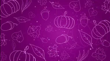 Yapraklar, meşe palamutları ve balkabağıyla çizilmiş bir sonbahar deseni çizili döngülü animasyon. Metin için alanı olan mor festival arkaplanı.