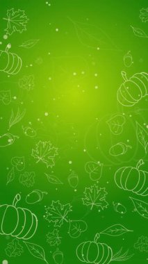 Yeşil arka planda sonbahar yaprakları ve balkabaklarının el çizimleri. Şükran Günü veya Cadılar Bayramı için döndürülmüş animasyon çerçevesi. Dikey video.