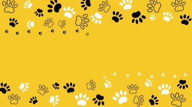 Pençe izleri. Sevimli köpekler sarı arka planda patilerini bırakırlar. Metin için boş alanı olan zoolojik animasyon çerçevesi. Döngü hareketi grafiği.