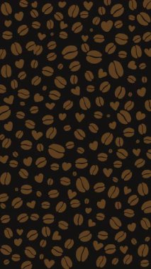 Kahverengi kahve çekirdeği ikonlarının animasyon ekran koruyucusu ve siyah arka planda kalp sembolü. Döngülü hareket grafikleri. Dikey video.