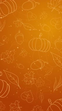 Sonbahar sarısı animasyon arka planında meşe palamudu, balkabağı ve yapraklar var. Döngülü hareket grafikleri. Şükran Günü. Dikey video.