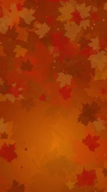 Renkli kırmızı, kahverengi akçaağaç yaprakları döner ve sarı arka planda düşer. Yazmak için yeri olan sonbahar çiçekleri çerçevesi. Dikey video.