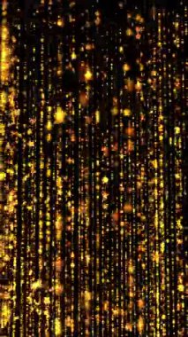 Siyah arka planda düşen altın ışık dikey çizgileri. Parlak, soyut, parlak bir desen. Parlak ışınlar. Altın sahne perdesi. Döngü animasyonu. Dikey video.