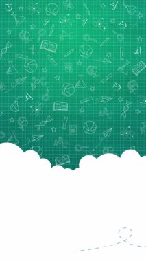 Minimalist tasarım ile okul animasyon çerçevesine geri dönüyoruz. Okul malzemeleri ve yeşil arka planda kırtasiye malzemeleri. Eğitim, öğrenme, bilgi konsepti. Döngülü. Dikey video.