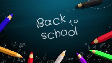 Mavi tahtadaki okul metnine tekrar hoş geldiniz. Gerçekçi, karalama geçmişi olan 3D renkli bir kalem. Döngü canlandırması.