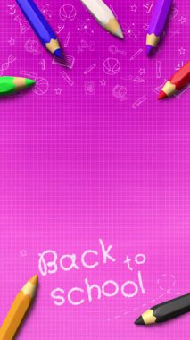 Okul malzemelerinin çizildiği pembe arka planda 3D kalemlerden oluşan dekoratif bir çerçeve. Metin için boş alan. Okula dönelim. Döngülü. Dikey video.