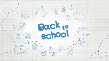 Kare defter kağıdının üzerine kalemle karalama yapılmış okul afişi. El yapımı okul malzemeleri, kırtasiye malzemeleri. Okul döngüsü canlandırmasına geri dön.