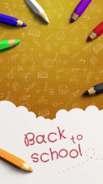 Okula geri dön renkli 3 boyutlu kalemler ve el çizimi okul malzemeleri ikonlarıyla. Uzayı kopyala Döngülü. Dikey video.