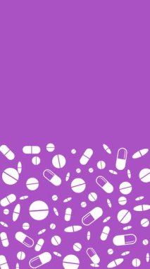 Mor zemin üzerinde çizilmiş düz tabanlı hapların tıbbi çerçevesi ve metin için boş alan. Döngülü animasyon. Dikey video.