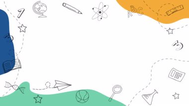 Okulun karalama sınırına. Okul malzemeleri ve elementleri beyaz bir defter kağıdına çizilir. El yapımı döngülü animasyon. Boşluğu kopyala.