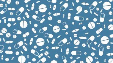 Düz tıbbi kapsüller çizilmiş mavi arka plan, farklı boyutlarda ve şekillerde haplar. Soyut döngü hareketli grafikler.