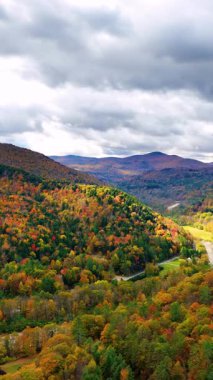 Kıvrımlı bir yolun kenarında yanan sonbahar renklerinde bir ormanın içinden geçen bir nehir parıldıyor. Güzellik tepelerinin, vadilerin ve uzak tepelerin havadan görünüşü. Dikey video.