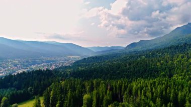 Yeşil bir vadide, kozalaklı ağaçlardan oluşan sık bir ormanla kaplı küçük bir Romen kasabası. Hava görünümü.