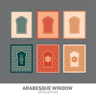 Arabesk pencere siluetleri. Vektör sembolü geleneksel İslami kemerler. Geleneksel Arap mimarisi. Ramazan Kareem tasarım elementi. Geometrik Süsleme Arapça Deseni.