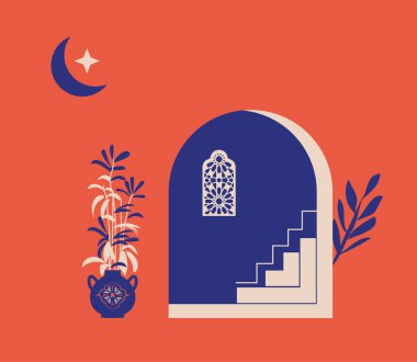 Yaratıcı minimalist soyutlamalar. Ev ya da cami cephesi su çeşmesi, koridor ve kemerli portal, kapalı bitkiler.