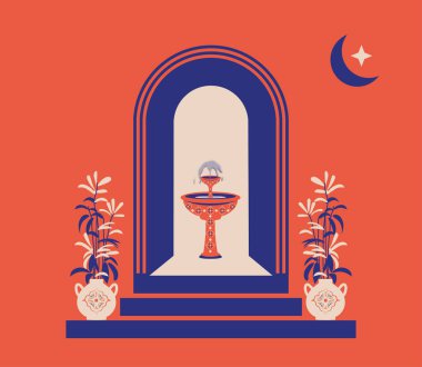 Yaratıcı minimalist soyutlamalar. Ev ya da cami cephesi su çeşmesi, koridor ve kemerli portal, kapalı bitkiler.