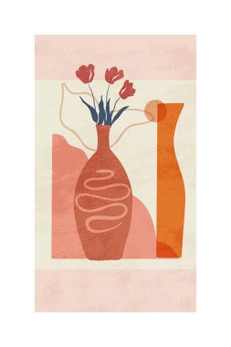 Modern Sanat Koleksiyonu Tasarımı. Vektör modern Boho tarzı ev dekorasyonu. Ahşap duvar sanatı çağdaş grafikler. Modern soyut manzara. Ev dekore edilmiş duvar sanatı. Sıcak Terracotta renkleri, boya dokusu.