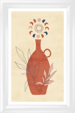 Modern Sanat Koleksiyonu Tasarımı. Vektör modern Boho tarzı ev dekorasyonu. Ahşap duvar sanatı çağdaş grafikler. Modern soyut manzara. Ev dekore edilmiş duvar sanatı. Sıcak Terracotta renkleri, boya dokusu.