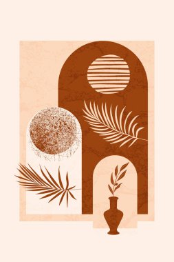 Abstract Earth-Tone Illustration with Palms, Sun Shapes, and Vase Design Elements. Minimalist abstract artwork featuring earthy tones and geometric shapes, evoking a calm and sophisticated aesthetic. clipart