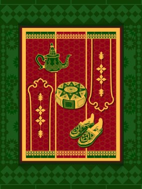 Kültürel ve sanatsal işçiliğin resmedildiği dekoratif ve renkli bir zemin içinde sergilenen çaydanlık, ayakkabı ve yastık da dahil olmak üzere geleneksel stil eserlerden oluşan bir koleksiyon..