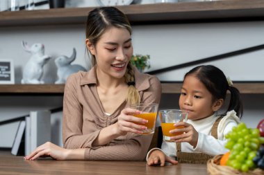 Güzel anne ve sevgili kızı evdeki mutfaktaki masada taze meyve suyu içerler, konuşurlar ve birlikte mutlu bir şekilde gülümserler.