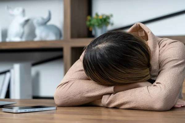 Asian Young Woman Fell Asleep Desk Because She Tired Hard — Stock Photo, Image