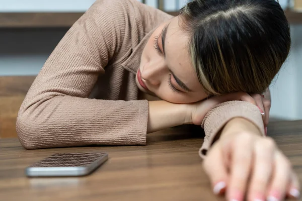 Asian Young Woman Fell Asleep Desk Because She Tired Hard — Stock Photo, Image