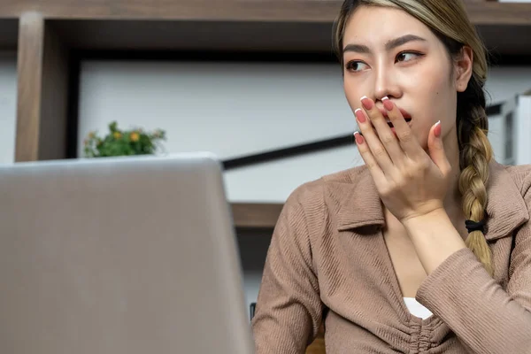 Asian Young Woman Yawning While Working Laptop Computer Home Smartphone — Stock Photo, Image