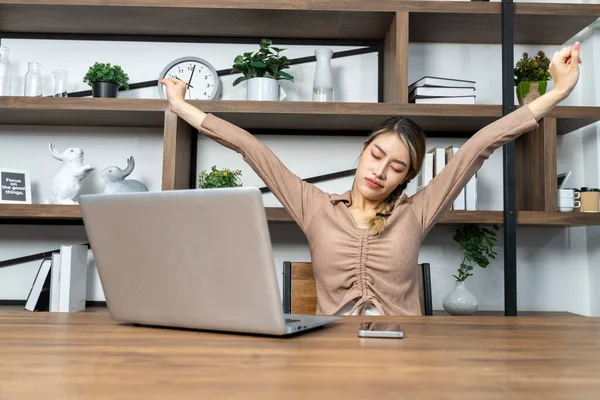 Asian Young Woman Sitting Stretch Two Arms Relieve Fatigue Working — Stock Photo, Image