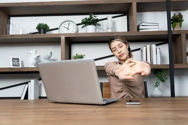 Asian Young Woman Sitting Stretch Two Arms Relieve Fatigue Working — Stock Photo, Image