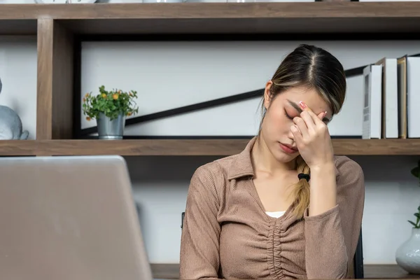 Asian Young Woman Sitting Feeling Headache Tired Working Laptop Computer — Stock Photo, Image