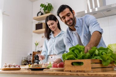 Çekici, genç, güzel bir kadın ve yakışıklı bir erkek modern mutfakta birlikte yemek pişirirken ve evde romantik bir çift olarak vakit geçirirken mutlular.